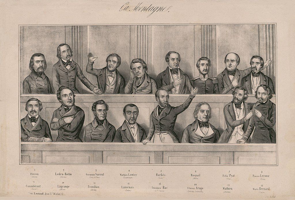 lithographie de la fin du dix-neuvième siècle représentant 16 hommes en costume d'époque sur deux estrades de l'assemblée nationale