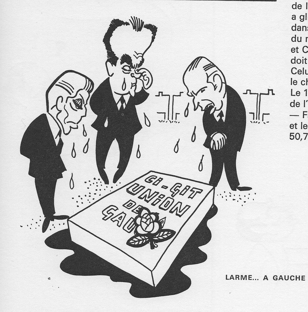 dessin de presse caricatural : trois hommes politiques pleurent sur la tombe de l'union de la gauche