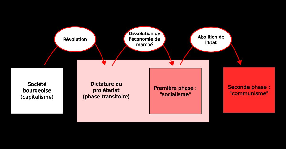 phases du communisme : (1) société bourgeoise (capitalisme) - révolution (2) dictature du prolétariat (phase transitoire) - dissolution de l'économie de marché (3) première phase (socialisme) - dissolution de l'État (4) seconde phase (communisme)